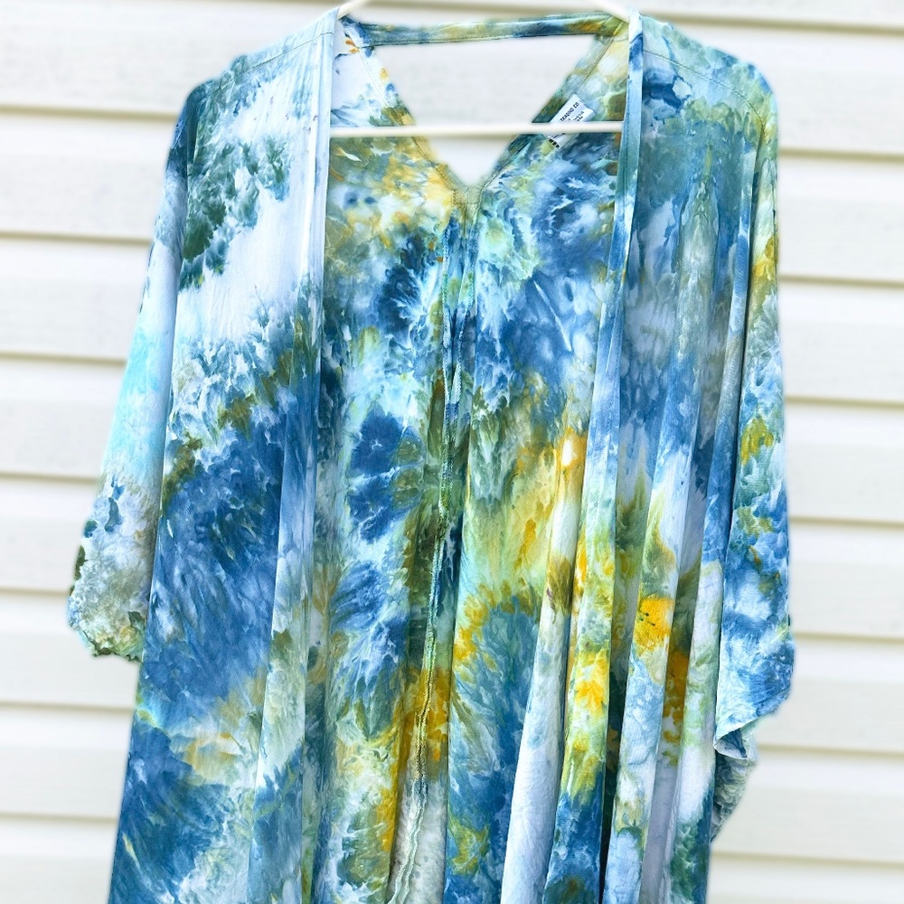 Ice Dye Kimono Wrap Lightweight Cardigan Blue Green Swim Coverup Bamboo